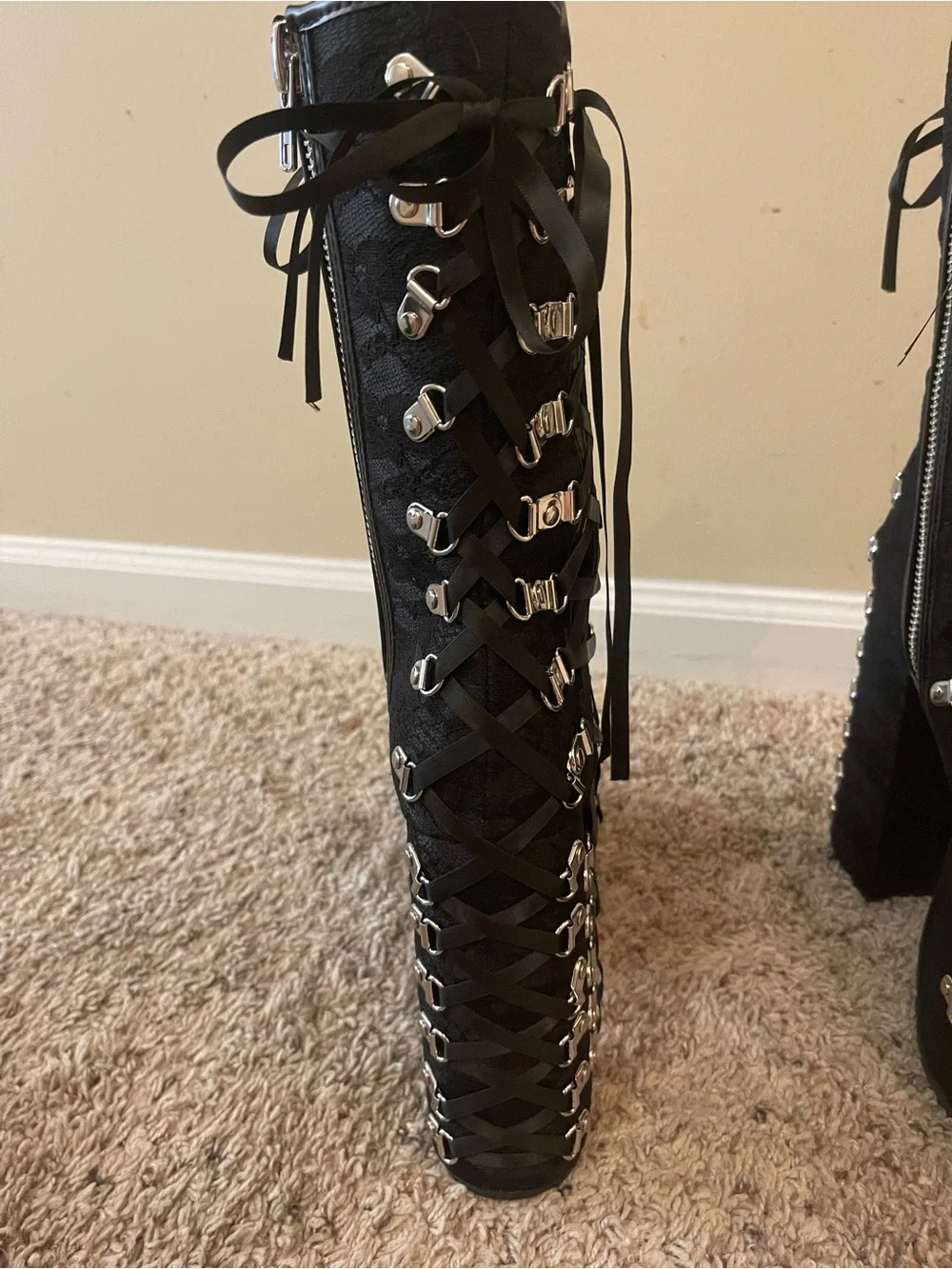 Women’s Black Lace-Up Platform Ankle Boots with Silver Hardware